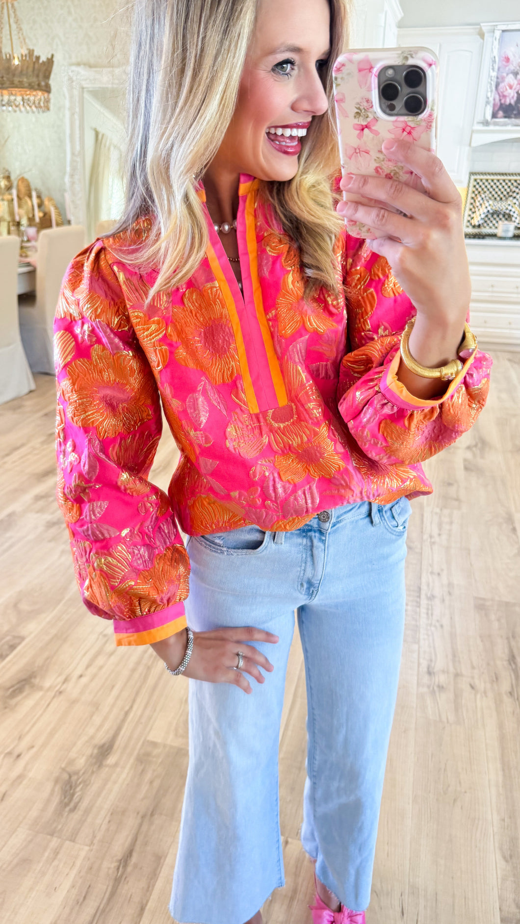 Neon Pink Floral Jacquard Top