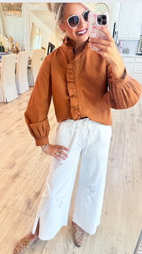 Toffee Ruffle Accent Button Up