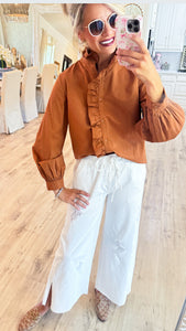 Toffee Ruffle Accent Button Up