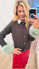 Dark Olive Feather Trim Cardigan