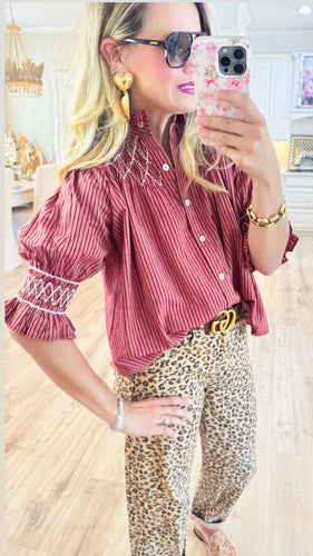 Red Stripe Contrast Stitching Button Up Top