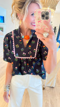 Black Floral Scallop Trim Detail Top