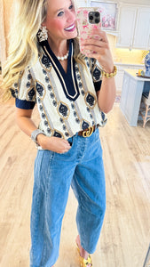 Off White and Navy Embroidered Top