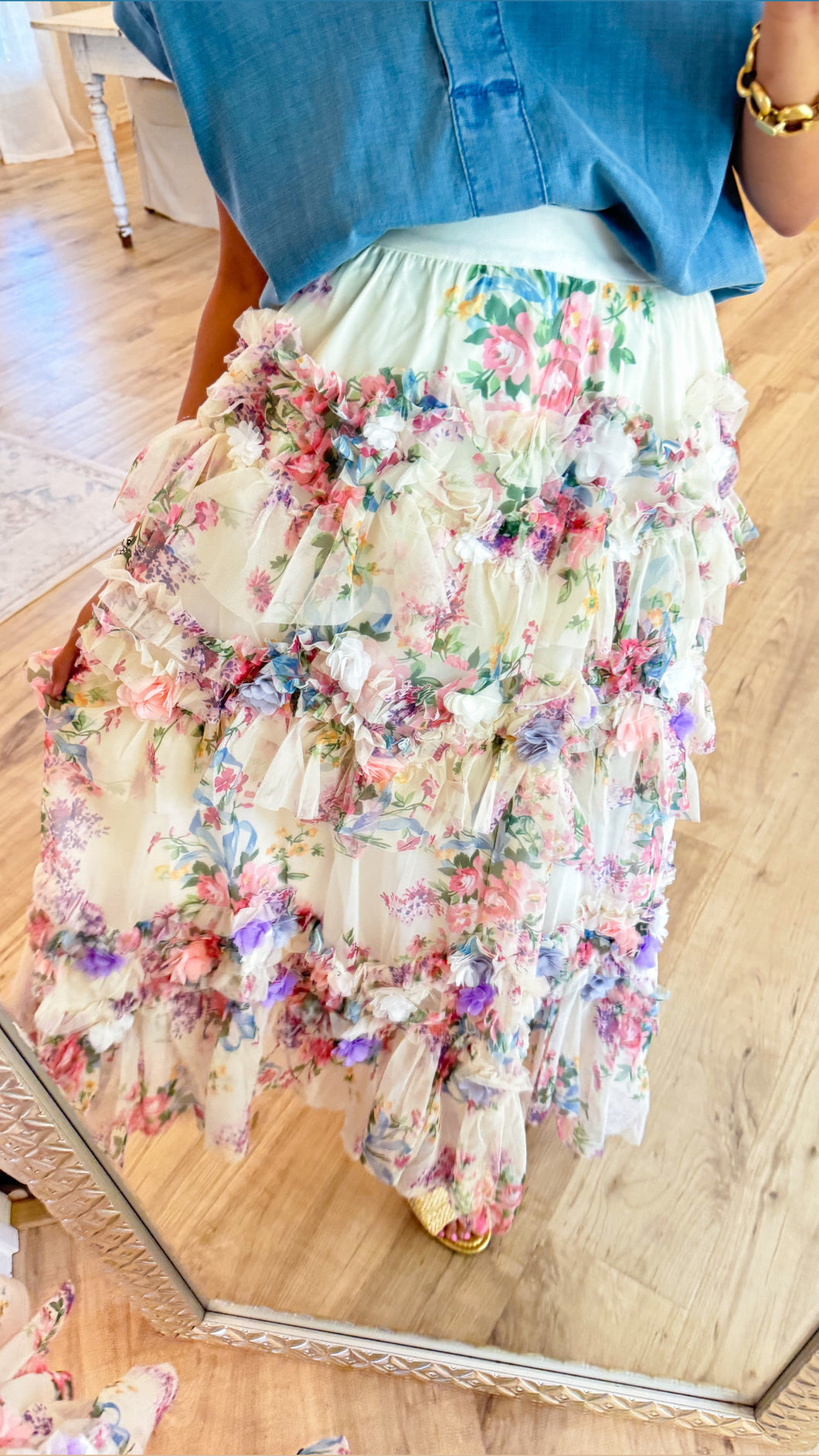 Ivory Floral Tiered Tulle Maxi Skirt