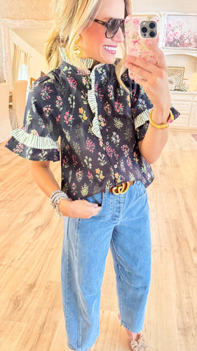 Black Floral Stripe Contrast Top