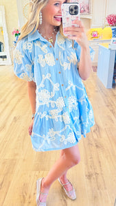 Light Blue and Off White Floral Button Up Mini Dress