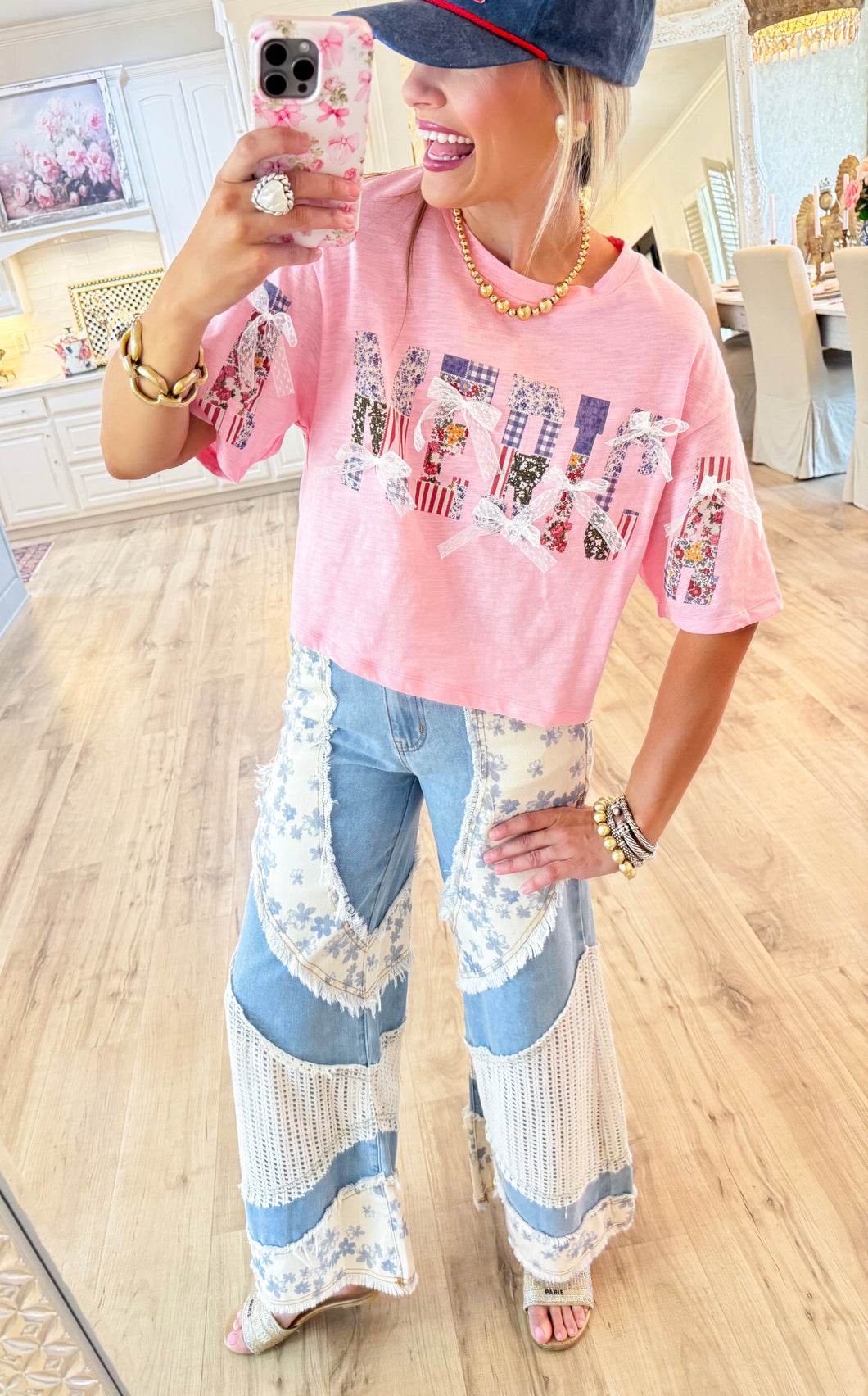 Pink America Bow Patched Top