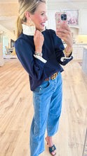 Navy Puff Sleeve Contrast Collar Top