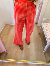 Coral Gingham Ruffle Hem Pants