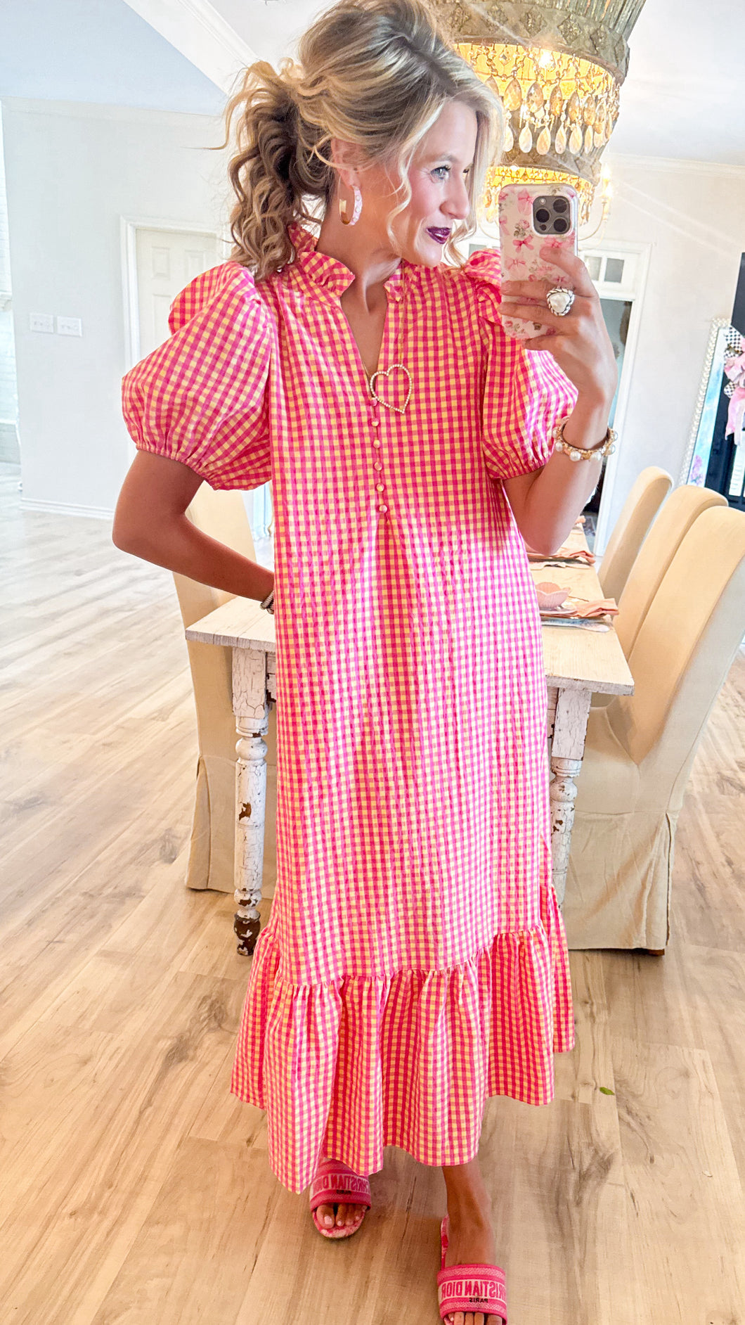 Pink Gingham Puff Sleeve Maxi Dress – Charlotte Heart Boutique
