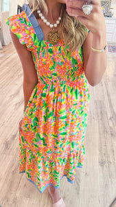 Multi Color Floral Flutter Sleeve Maxi Dress