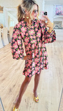 Pink and Navy Balloon Sleeves Floral Babydoll Dress