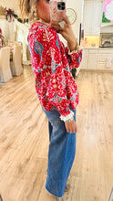 Red and Blue Multi Print Ruffle Collar Top