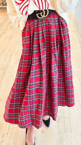 Red Multi Plaid Midi Skirt