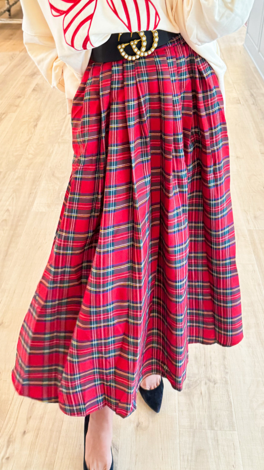 Red Multi Plaid Midi Skirt
