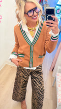 Camel Striped Trim Cardigan