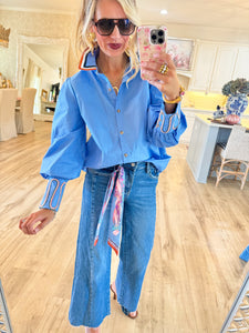 Blue Embroidered Accent Top