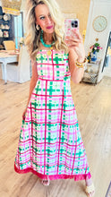 Pink Multi Plaid Fringe Hem Maxi Dress