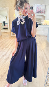 Navy Loose Fit Pleated Wide Leg Pant Set