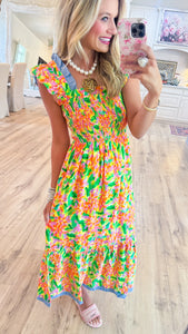 Multi Color Floral Flutter Sleeve Maxi Dress