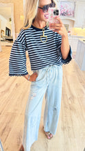 Navy Stripe Lace Accent Trim Top