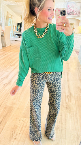 Green Ribbed Long Sleeve Drop Shoulder Top