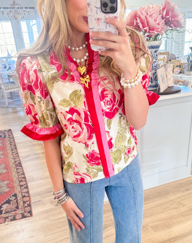 Cream and Pink Floral Print Puff Sleeve Top
