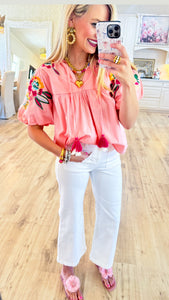 Pink Embroidered THML Sleeve Top
