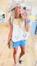 Horseshoe Embroidered Frayed Hem Top