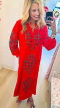 Red Plaid Baroque Applique Midi Dress