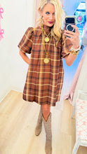 Brown Plaid Puff Sleeve Dress