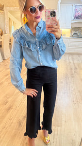 Black Straight Leg Ruffle Hem Pants