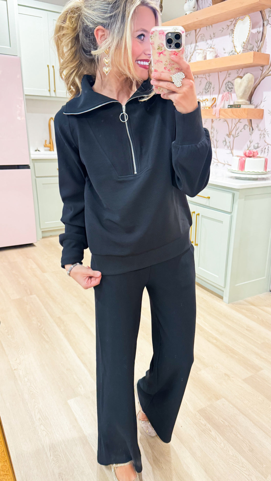 Black Ribbed Front Zip Pant Set