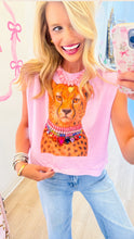 Pink Leopard Jeweled Collar Muscle Tee