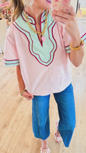 THML Pink and Blue Wide Sleeve V Neck Top