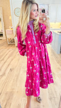 Magenta Ruffled Neck Tiered Midi Dress
