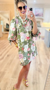 Olive Floral Print Bubble Sleeve Mini Dress