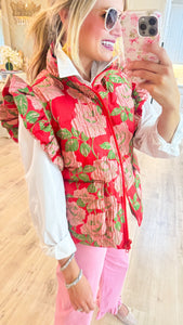 Red Floral Jacquard Puffy Vest