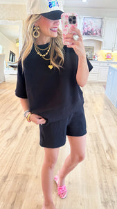 Black Ribbed Short Sleeve Short Set
