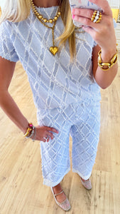 Blue and White Textured Pant Set