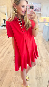 Red Navy Accented Tab Pullover Mini Dress