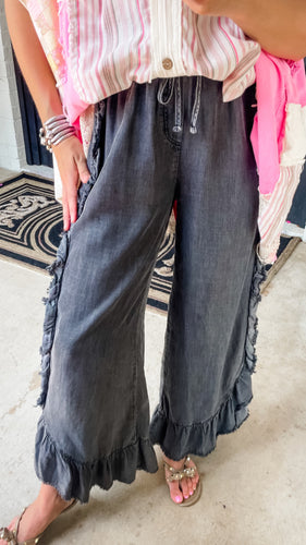 Charcoal Mineral Washed Ruffle Pants