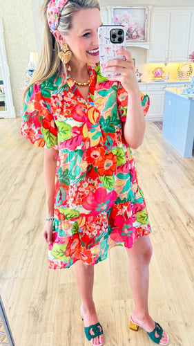 THML Pink Flower Print Puff Sleeve Dress