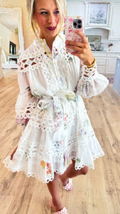 White Floral Eyelet Trim Mini Dress