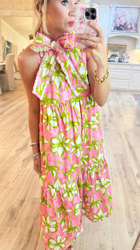 Pink Flower Print Midi Dress