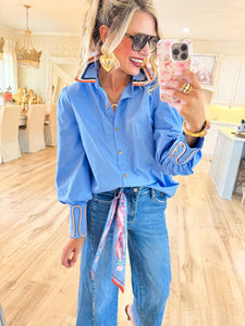 Blue Embroidered Accent Top