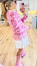 Pink Jacquard Patterned Cardigan with Fringe