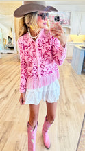 Pink Jacquard Patterned Cardigan with Fringe