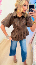 Brown Faux Leather Pleated Animal Print Top