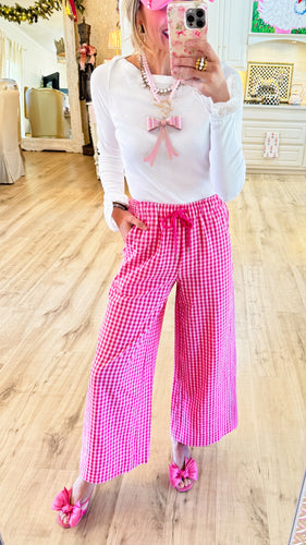 Pink Gingham Seersucker Wide Leg Pants